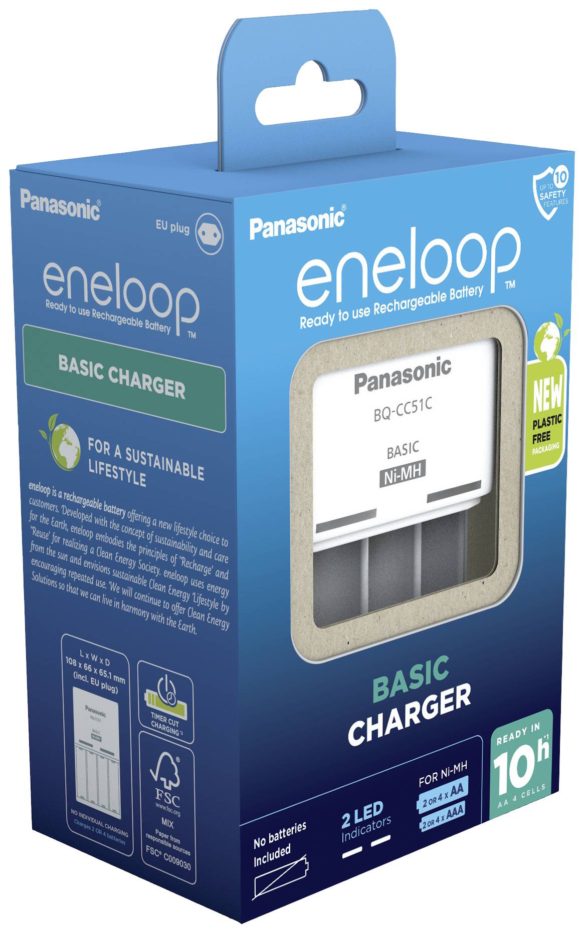 Blue packaging for a Panasonic eneloop Basic battery charger, showing the charger through a window, with text 'For a sustainable lifestyle'.