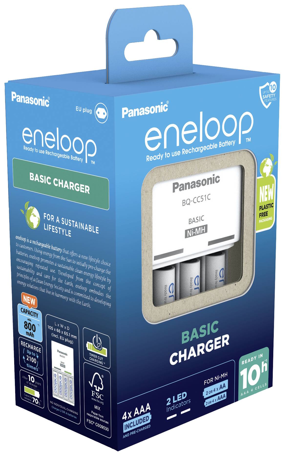 Packaging of the Panasonic eneloop Basic Charger with four AAA batteries, suitable for Ni-MH, showing charging time and specifications.