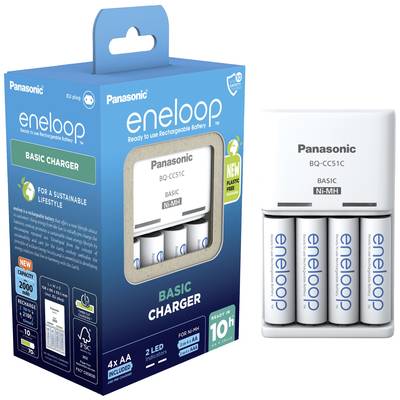 A Panasonic 'eneloop' battery charger package. Contains a charger with four rechargeable AA batteries.