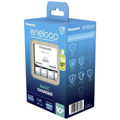 Panasonic Battery Charger for AA/AAA Ni-MH Rechargeable Batteries with 4 AA Batteries. Packaging highlights safety and quick charging readiness in 10 hours.