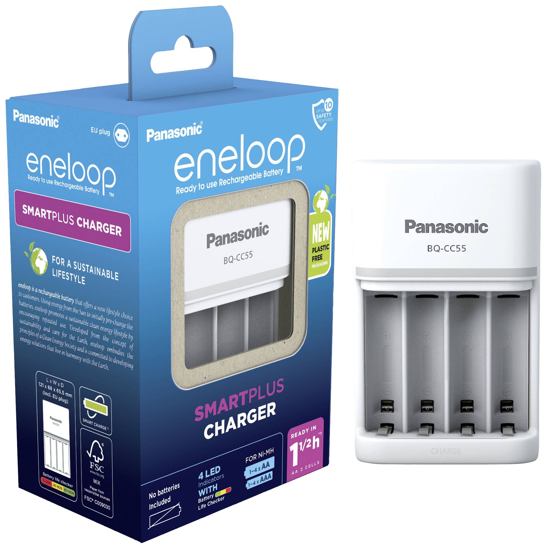 Panasonic battery charger next to its packaging. The packaging displays charger features such as 'SMARTPLUS CHARGER', EU plug, and LED indicator.