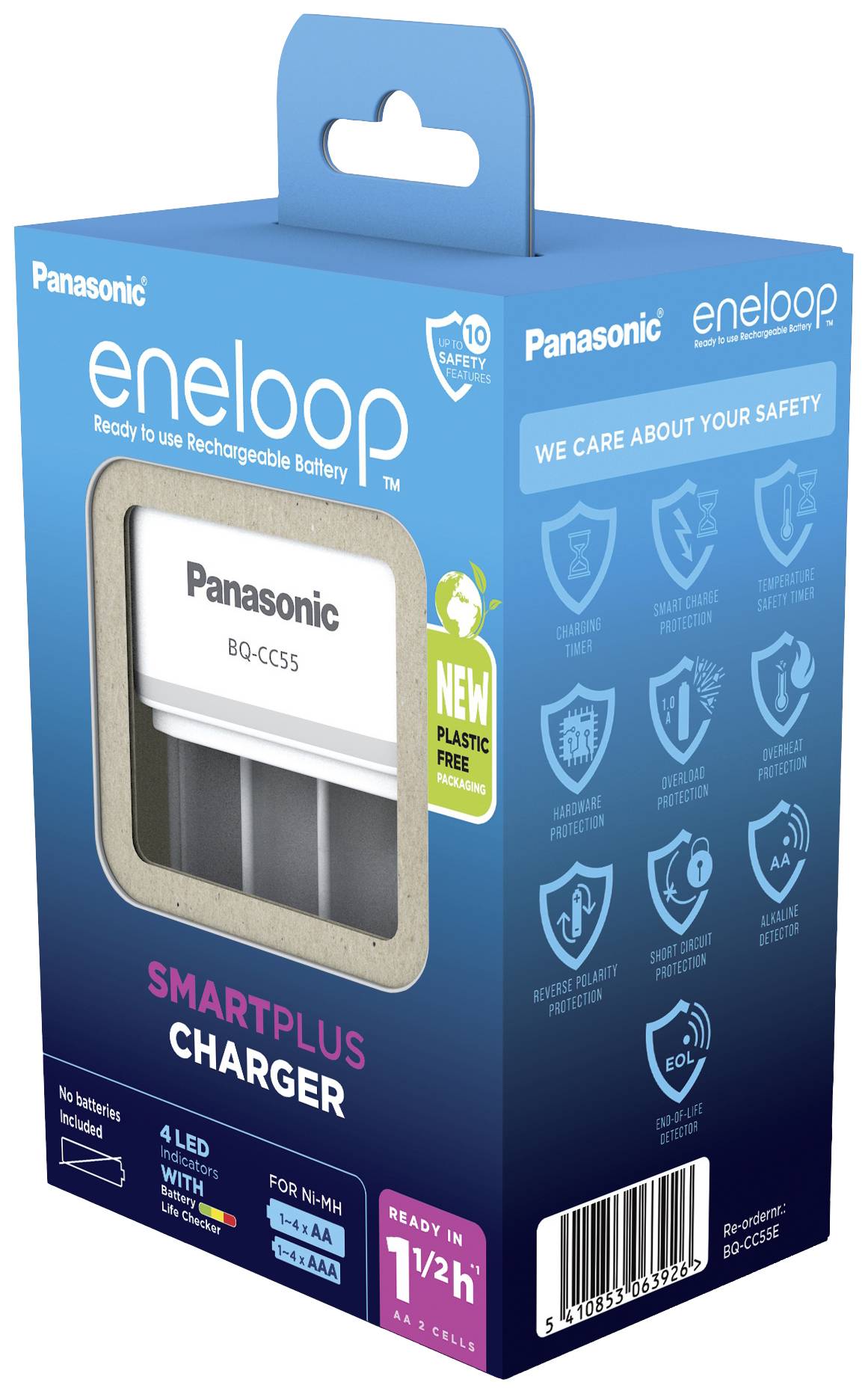 Panasonic eneloop SmartPlus Charger packaging, emphasising an environmentally friendly, plastic-free design and safety features.