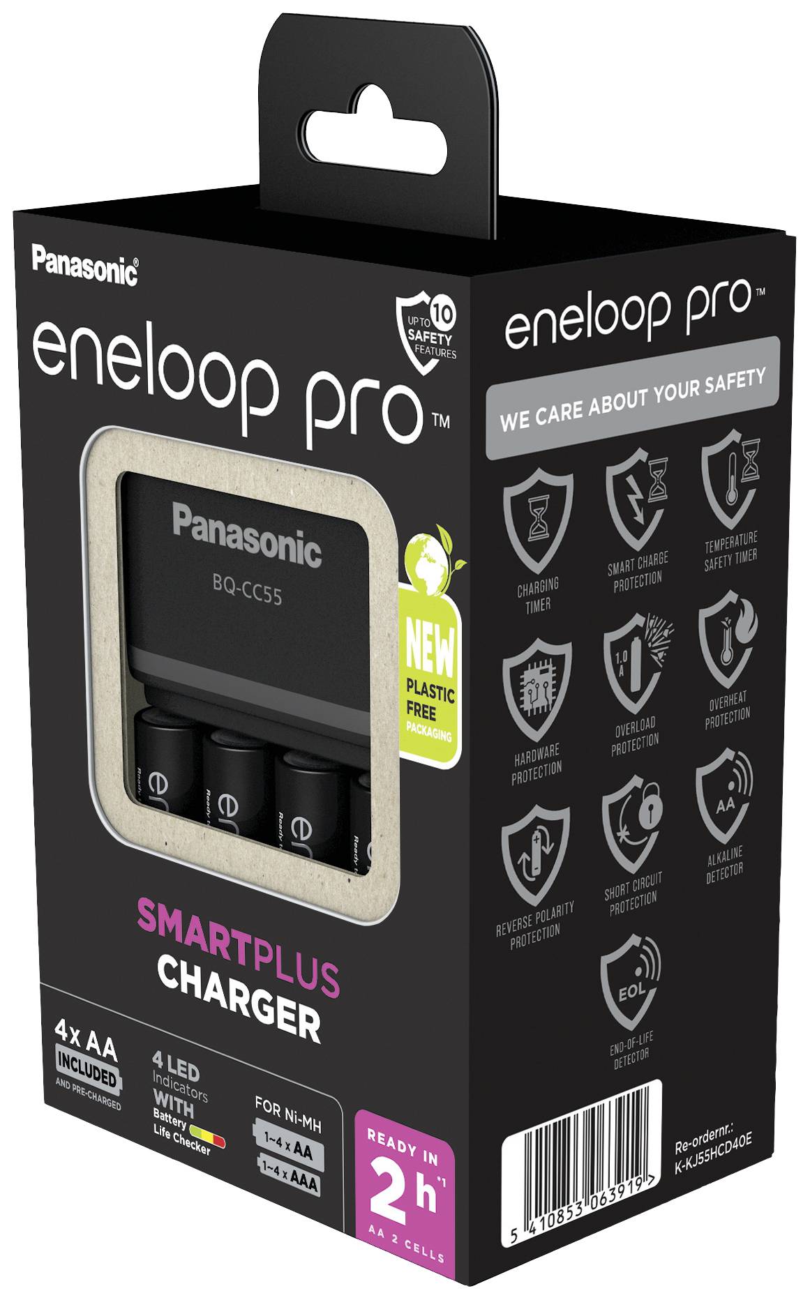'Panasonic eneloop pro SmartPlus charger in black packaging. Contains 4 AA rechargeable batteries, chargeable in 2 hours, plastic-free packaging.'