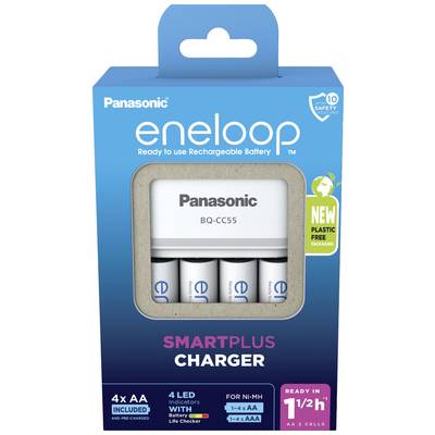 Panasonic eneloop 'SmartPlus Charger' packaging with four rechargeable AA batteries, green note 'NEW plastic-free packaging'.
