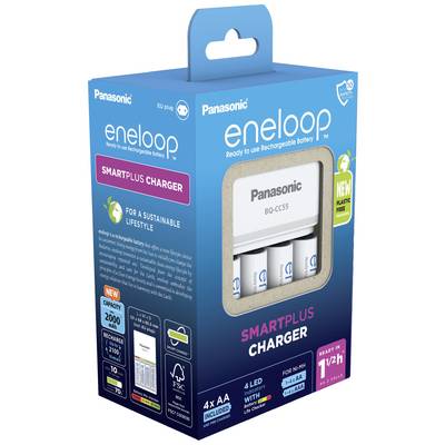 'Panasonic Eneloop SMARTPLUS Charger' Package with 4 AA Batteries, Rechargeable, Charging Time 1-2 Hours, Sustainable Design.