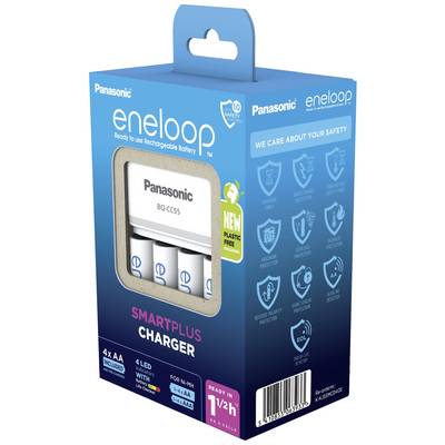 'Panasonic eneloop Smartplus Charger' in blue packaging with 4 AA batteries, 10 safety features. Ready in 1.5 hours.
