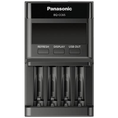 Panasonic BQ-CC65 battery charger with four charging slots, featuring "Refresh", "Display" and "USB Out" buttons.