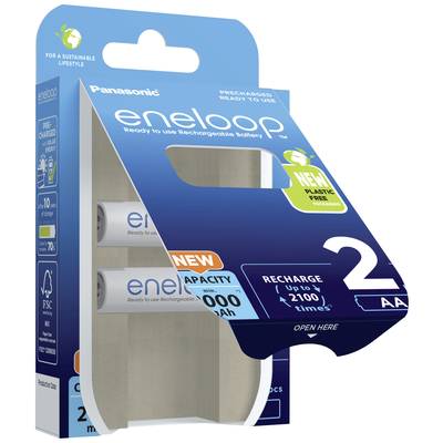 'Panasonic eneloop' packaging with two rechargeable AA batteries, note on sustainability and 2,100 charge cycles.