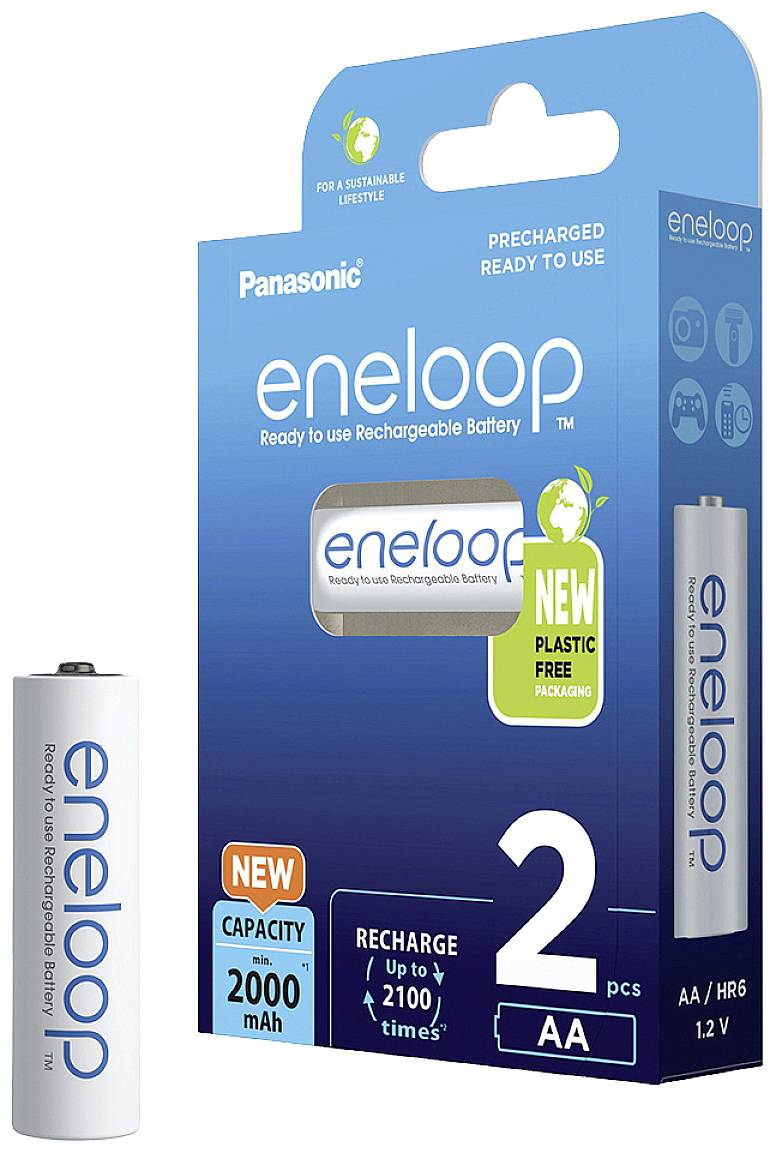 'Packaging of Panasonic Eneloop AA rechargeable batteries, 2000 mAh capacity, pre-charged, new plastic-free packaging.'
