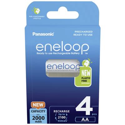 'Panasonic eneloop' Rechargeable Battery Pack, 4 Pieces, AA, Capacity 2000 mAh, up to 210 Charge Cycles, New Plastic-Free Packaging.