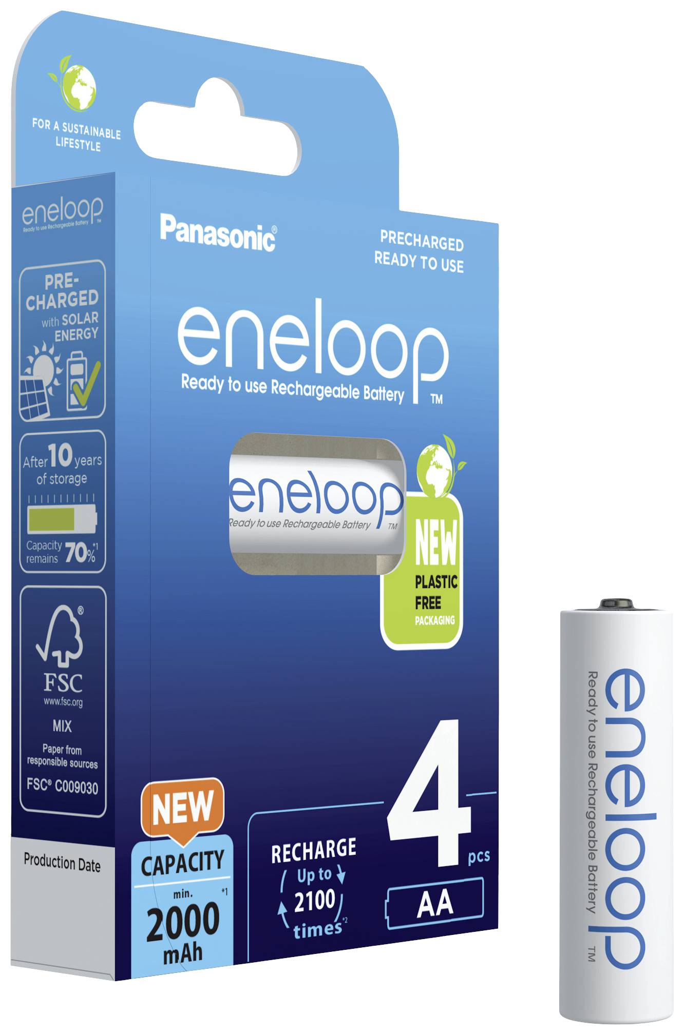 Panasonic Eneloop AA rechargeable batteries, 2000 mAh, packaged in a blue box containing 4 units. For a sustainable lifestyle.