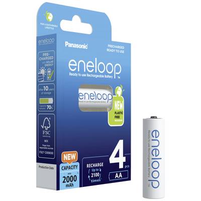 Panasonic Eneloop AA rechargeable batteries, 2000 mAh, packaged in a blue box containing 4 units. For a sustainable lifestyle.