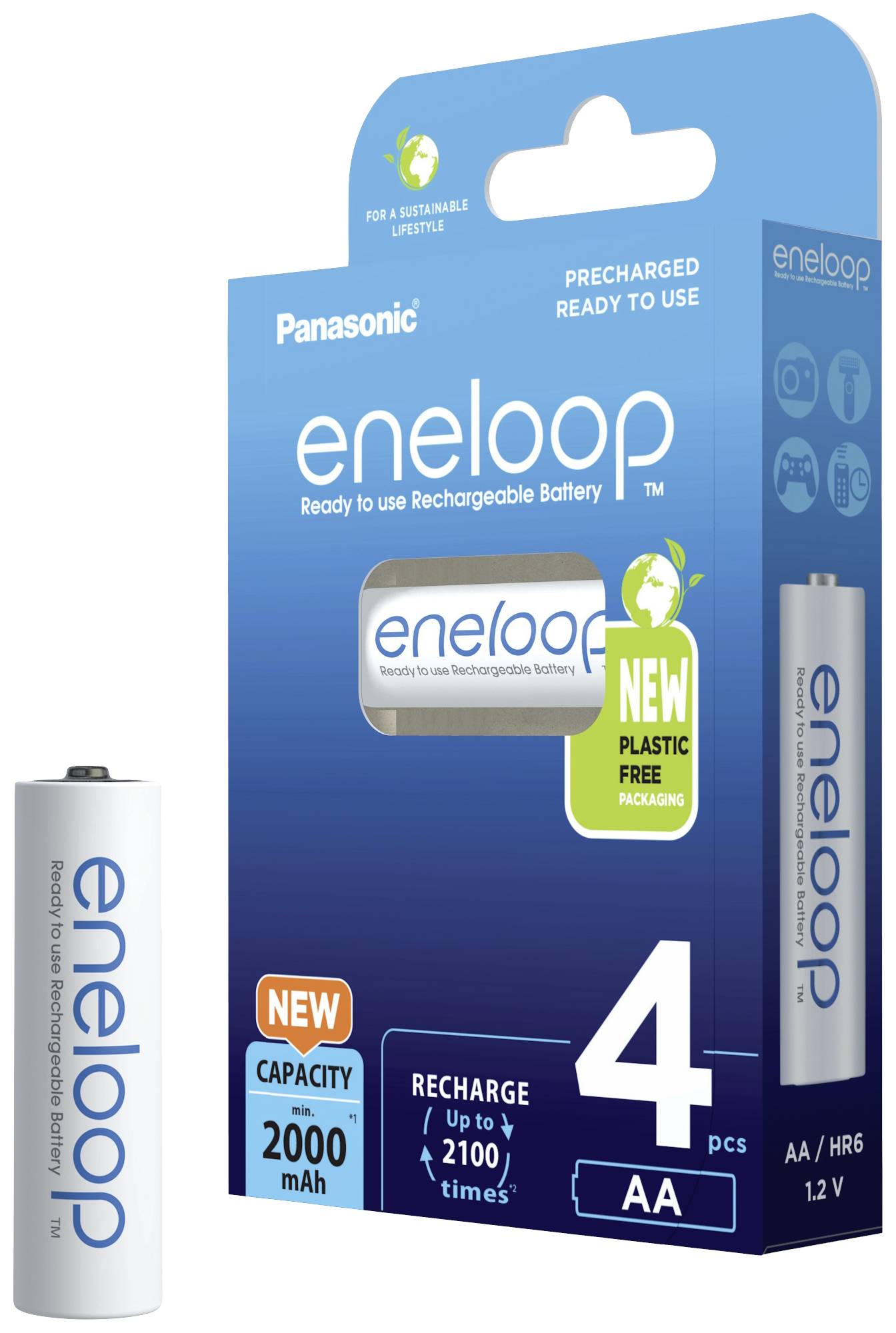Pack of four AA Panasonic eneloop rechargeable batteries. Capacity 2000 mAh, rechargeable up to 2,100 times. Sustainable packaging.