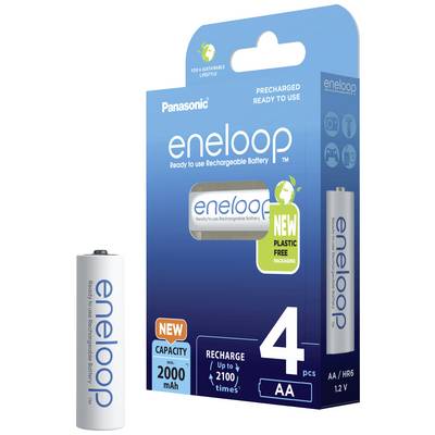 Pack of four AA Panasonic eneloop rechargeable batteries. Capacity 2000 mAh, rechargeable up to 2,100 times. Sustainable packaging.