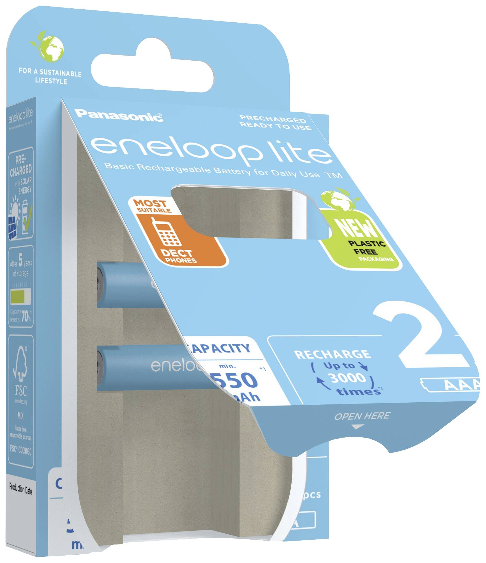 Packaging for Panasonic eneloop lite Batteries, Type AA, 550 mAh. Contains 2 rechargeable batteries. Eco-friendly features highlighted.