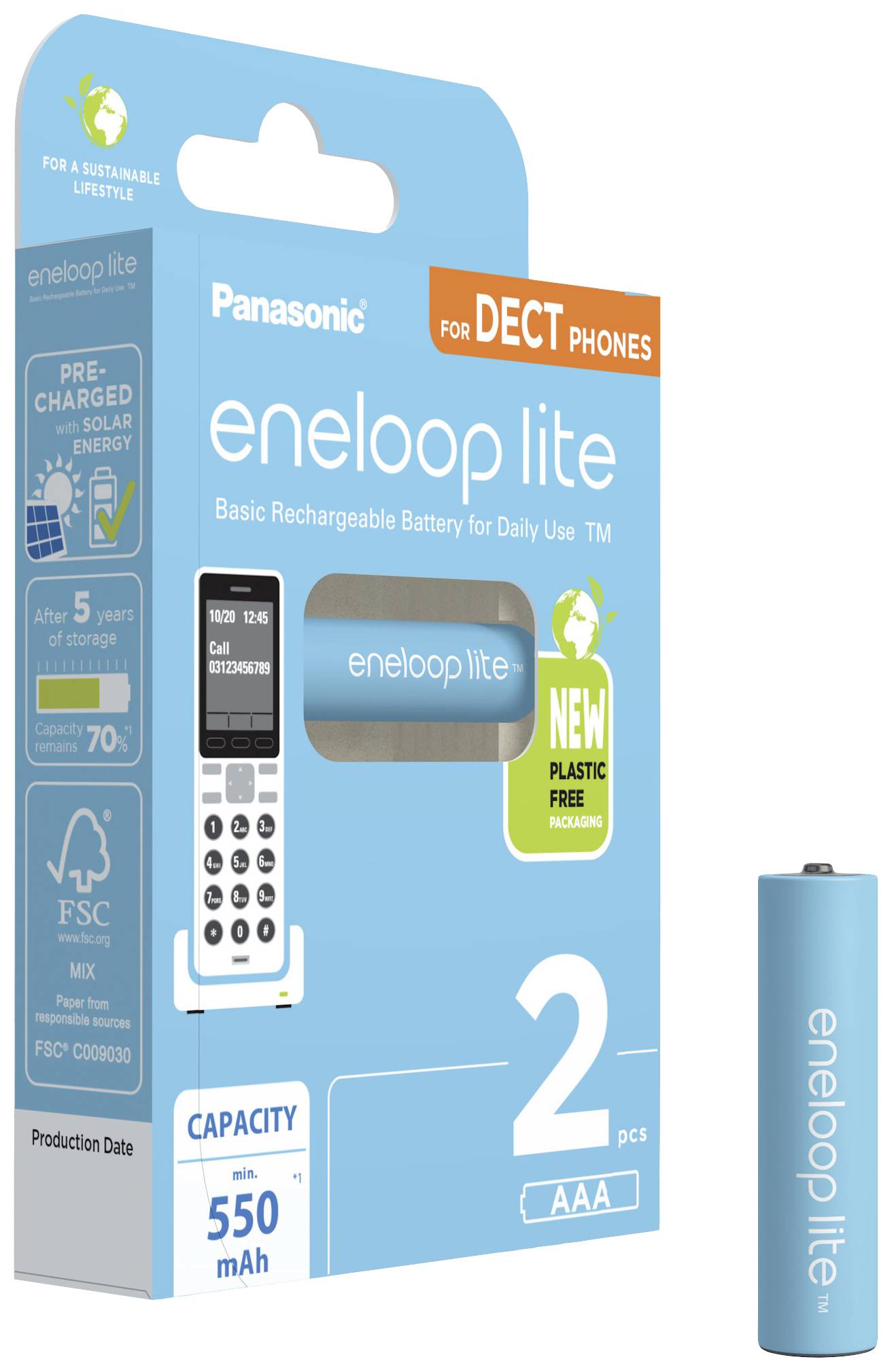 'Panasonic eneloop lite' packaging, showing two AAA batteries with 550 mAh capacity. Suitable for DECT phones, plastic-free packaging.