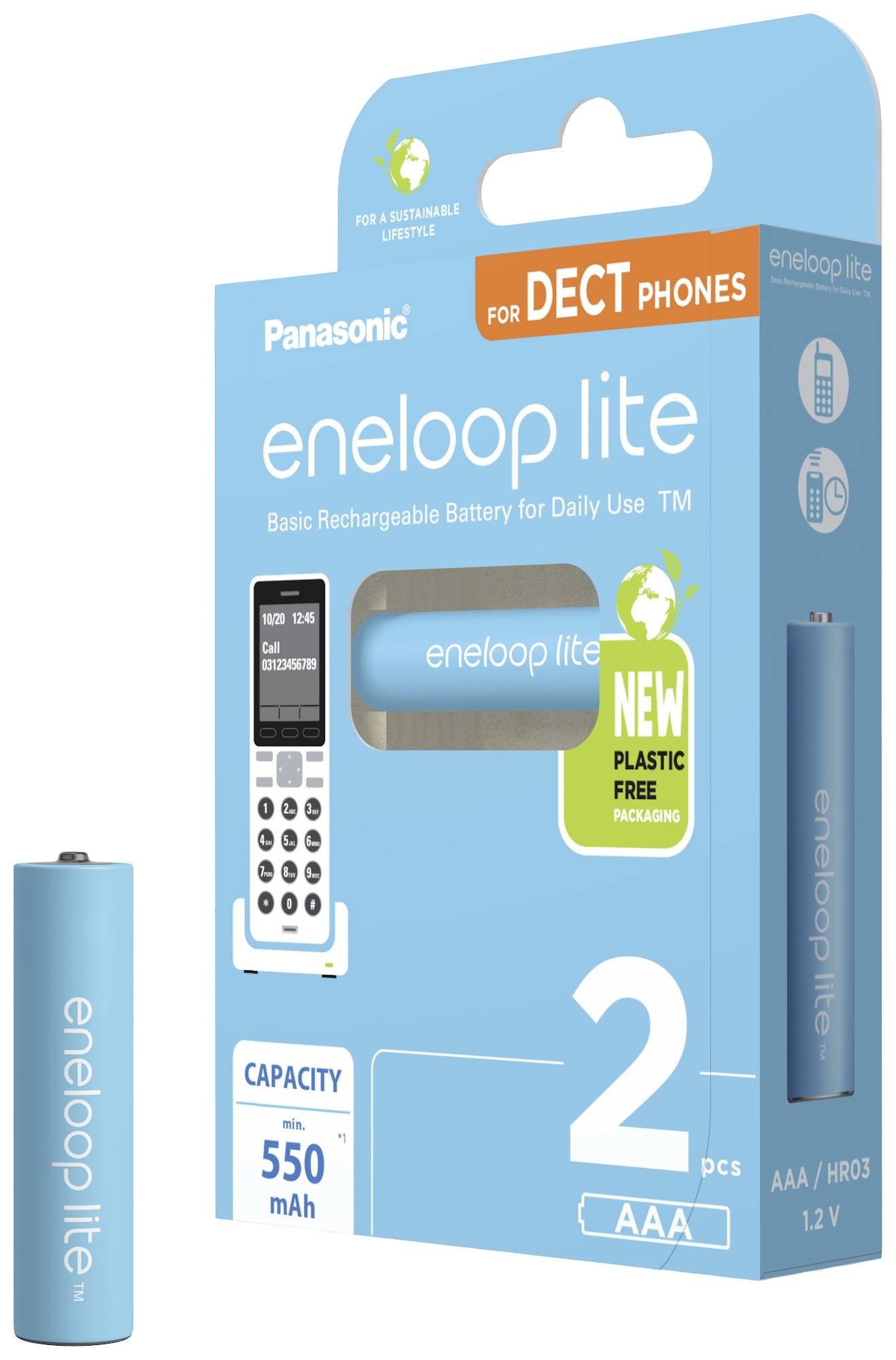Packaging of Panasonic eneloop lite AAA rechargeable batteries. For DECT phones. Capacity: 550 mAh. New plastic-free packaging.