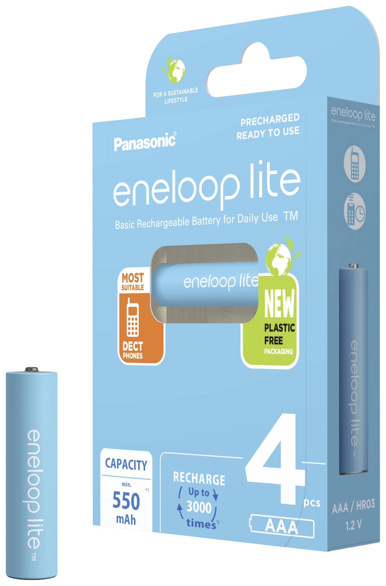 Two blue 'eneloop lite' AAA batteries in a box. 550 mAh capacity, rechargeable up to 3000 times, for everyday use.