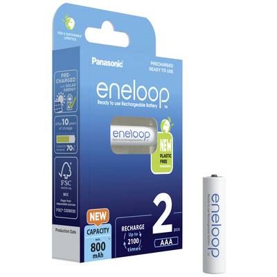 Packaging for two Panasonic eneloop AAA batteries, pre-charged and rechargeable. Capacity: 800 mAh. Up to 2100 charge cycles.