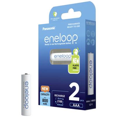 Blue-packaged eneloop rechargeable batteries by Panasonic, AAA size, rechargeable up to 2,100 times. Capacity: 800 mAh.