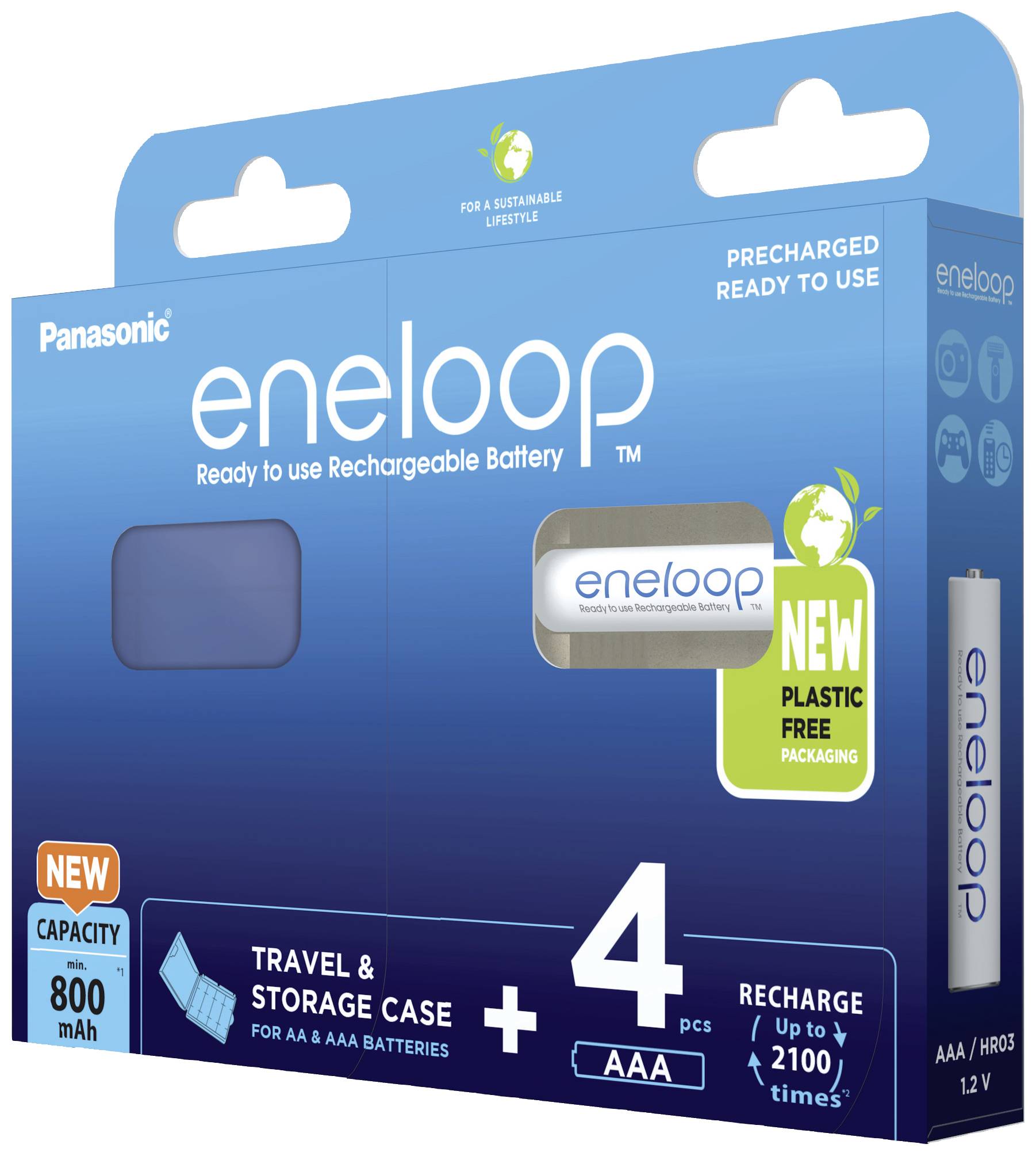 Packaging for Panasonic eneloop AAA batteries with 800 mAh, pack of four, including travel and storage box. Suitable for up to 2,100 charge cycles.