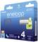 Packaging for Panasonic eneloop AAA batteries with 800 mAh, pack of four, including travel and storage box. Suitable for up to 2,100 charge cycles.
