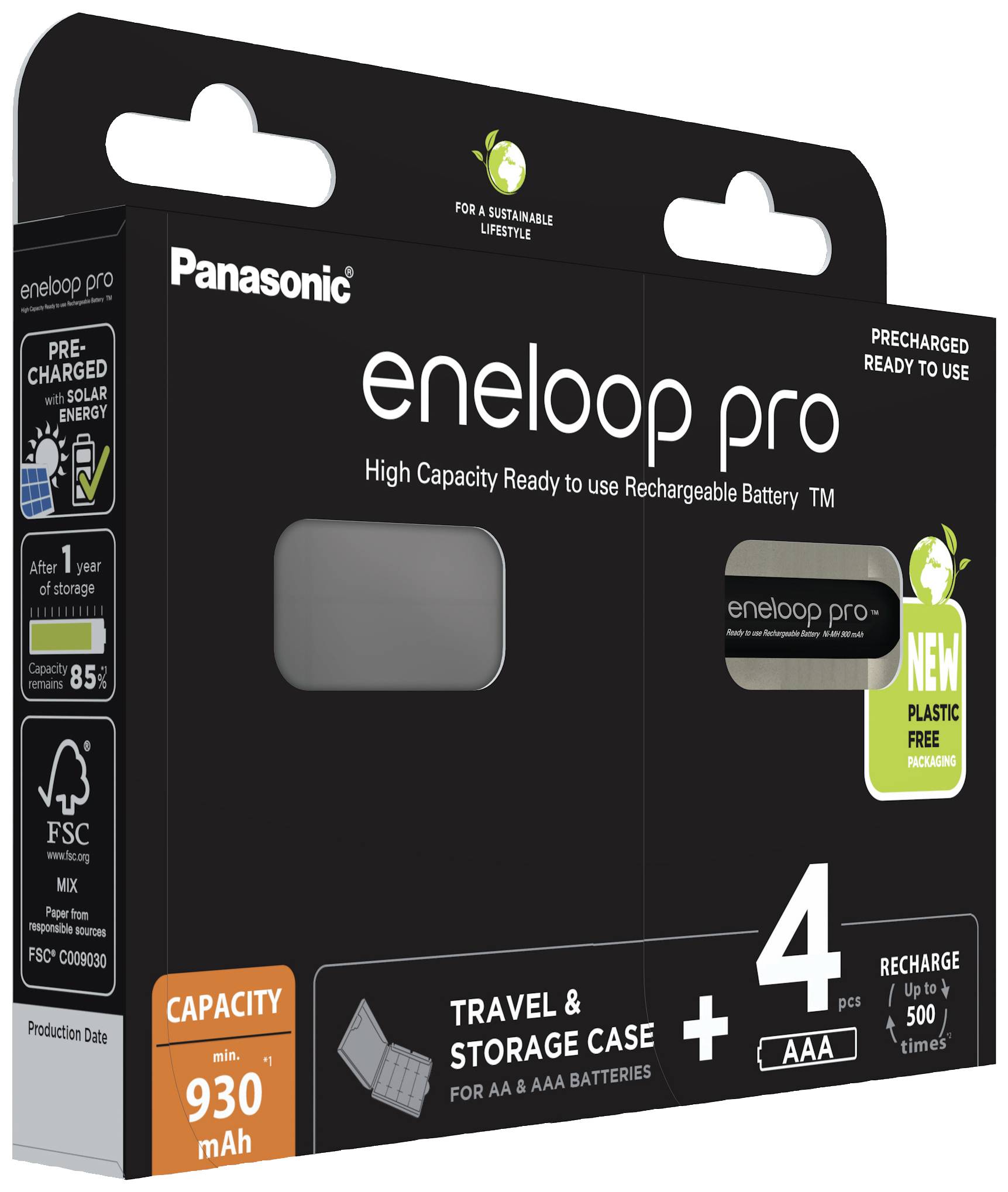Panasonic eneloop pro battery pack, 4 AAA cells, including transport and storage pouch, capacity 930 mAh.