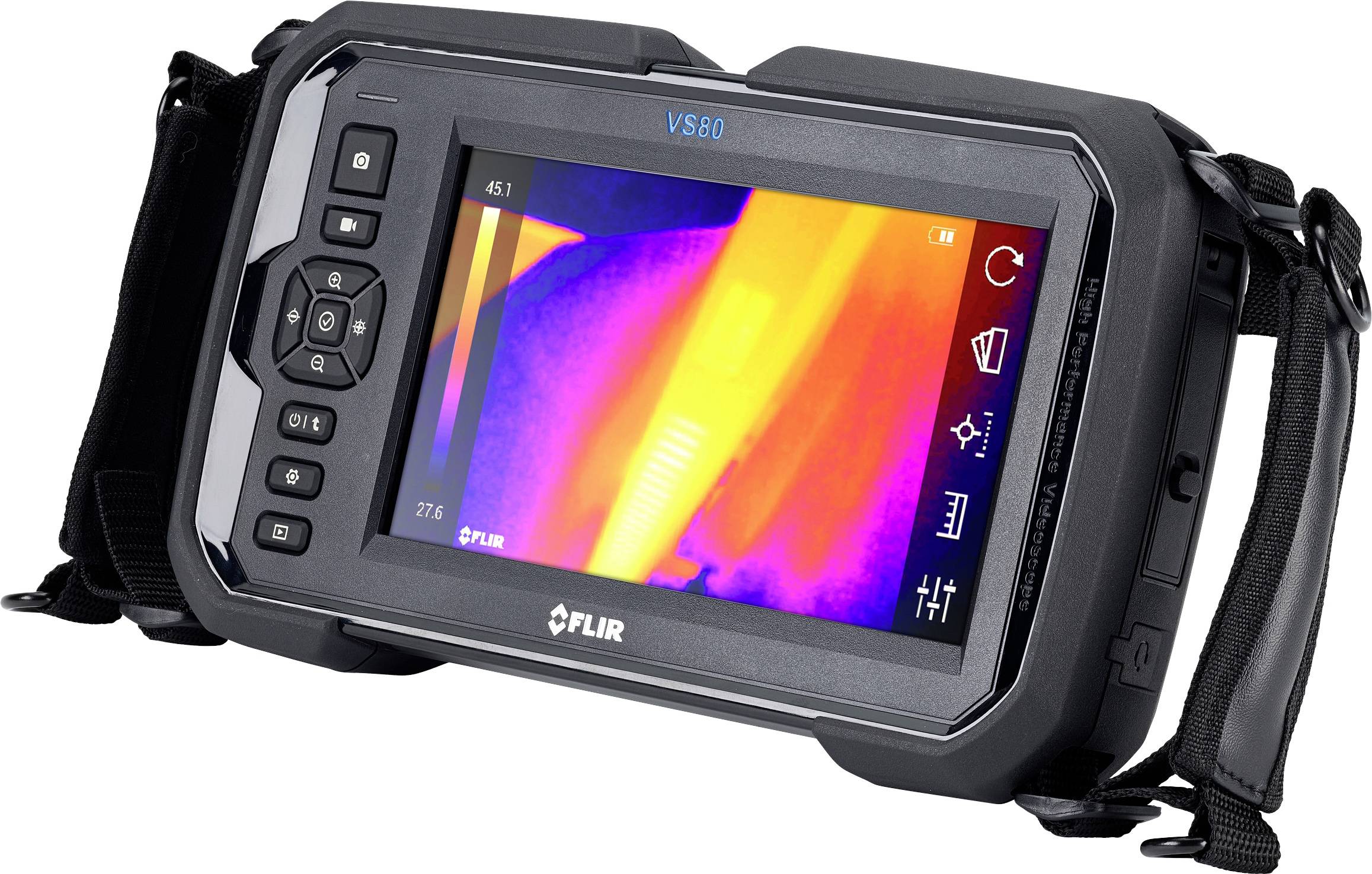 Handheld thermal imaging camera displays a colour infrared image of a technical pipeline on the screen, with several control buttons visible.