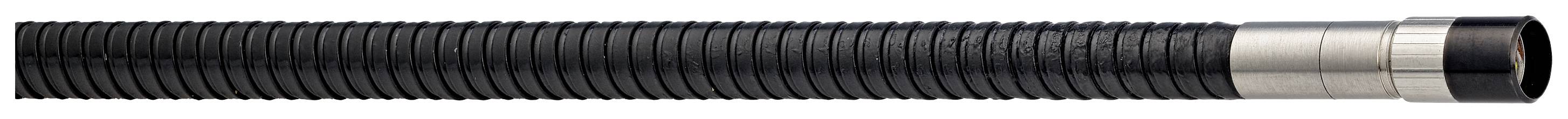 Black, ribbed hose with a silver metal ring at the end; possibly used for industrial or technical purposes.