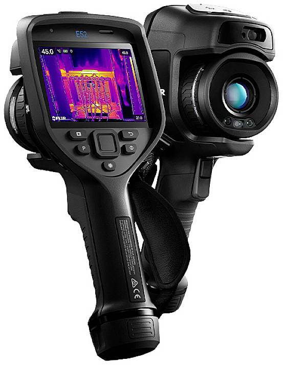 Two thermal imaging cameras, one displaying a thermal image of electrical circuits on the screen, both devices black and handheld.
