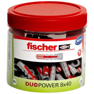 Jar of Fischer DUOPOWER 8x40 wall plugs and screws, with red lid and product label showing 'NEW' and '80x' count.