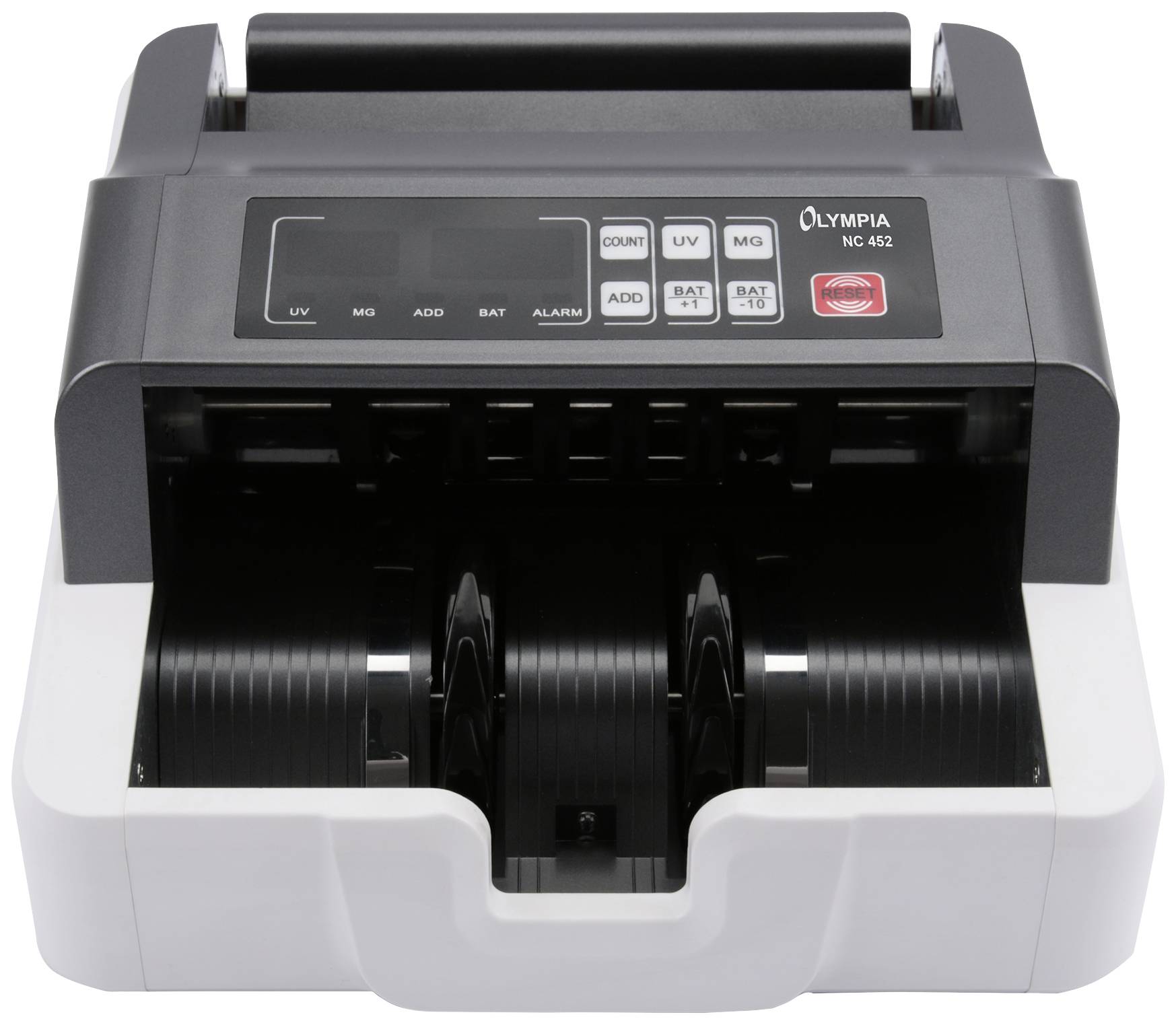 'Olympia NC 432 banknote counting machine' clearly visible, showing the casing and internal rollers, suitable for rapid counting of banknotes.