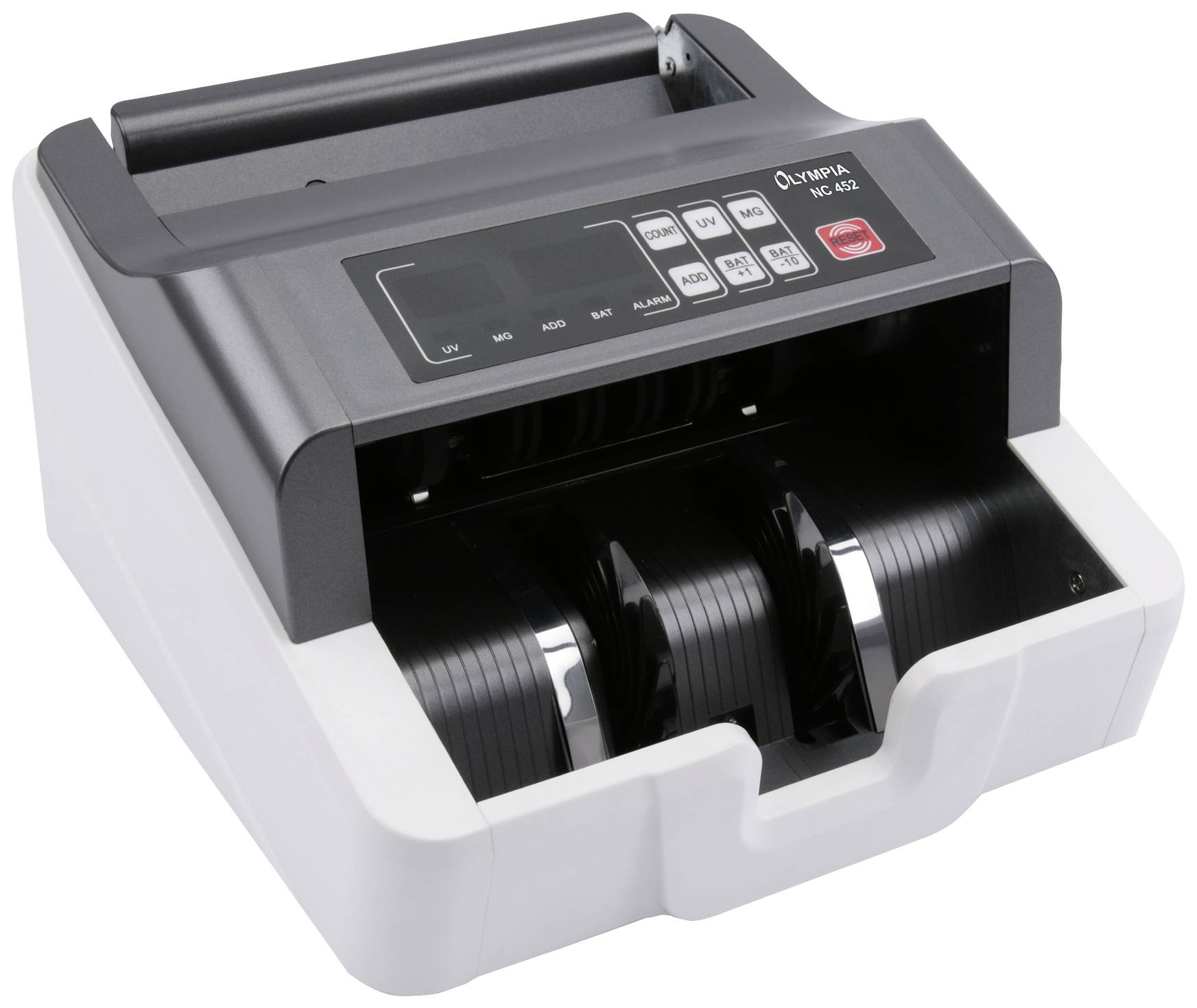 An automatic banknote counter. It has a digital display and various control buttons on the top surface.