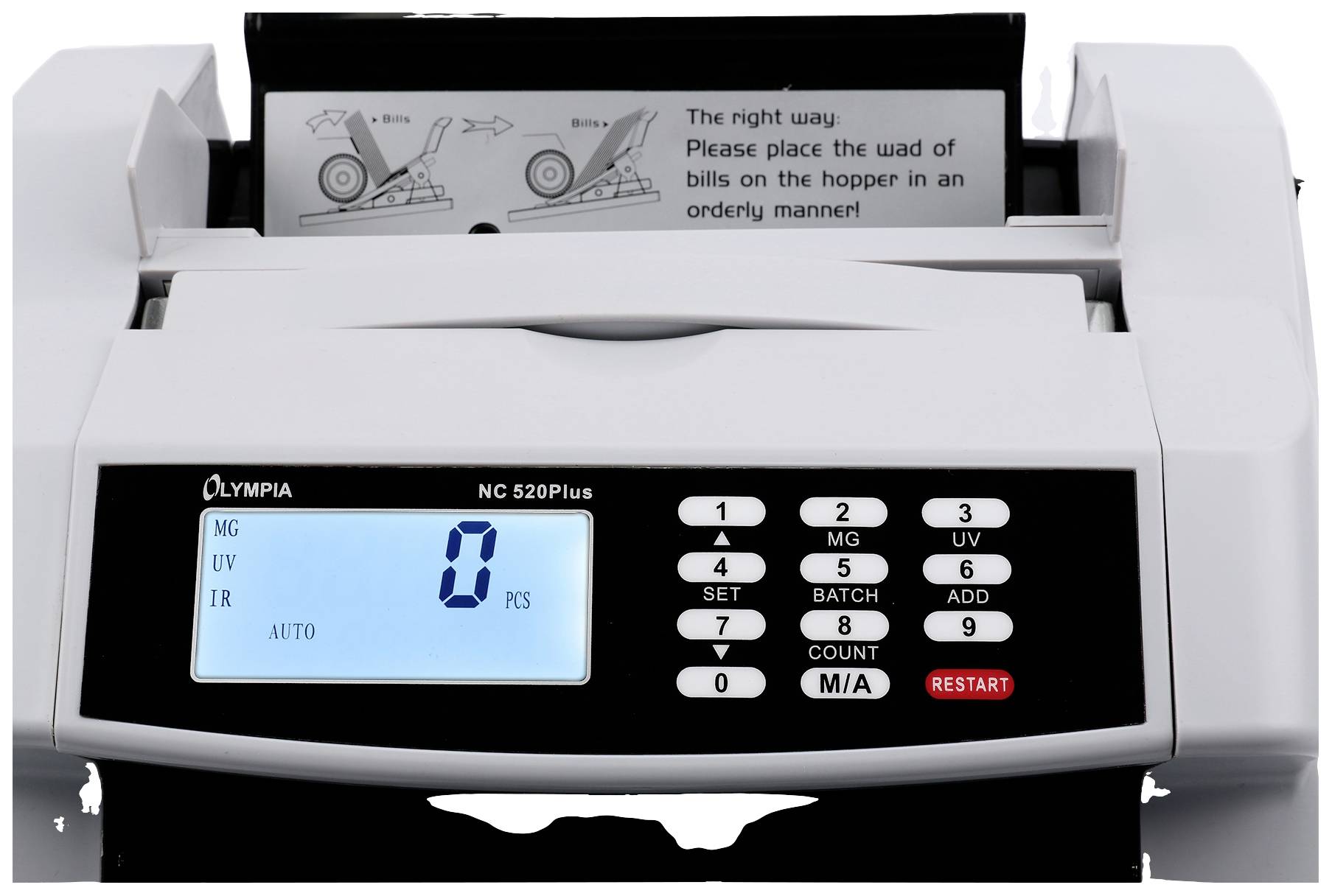 A Olympia banknote counter, model NC 520Plus. The display shows '0'. An instruction manual for inserting banknotes is visible.