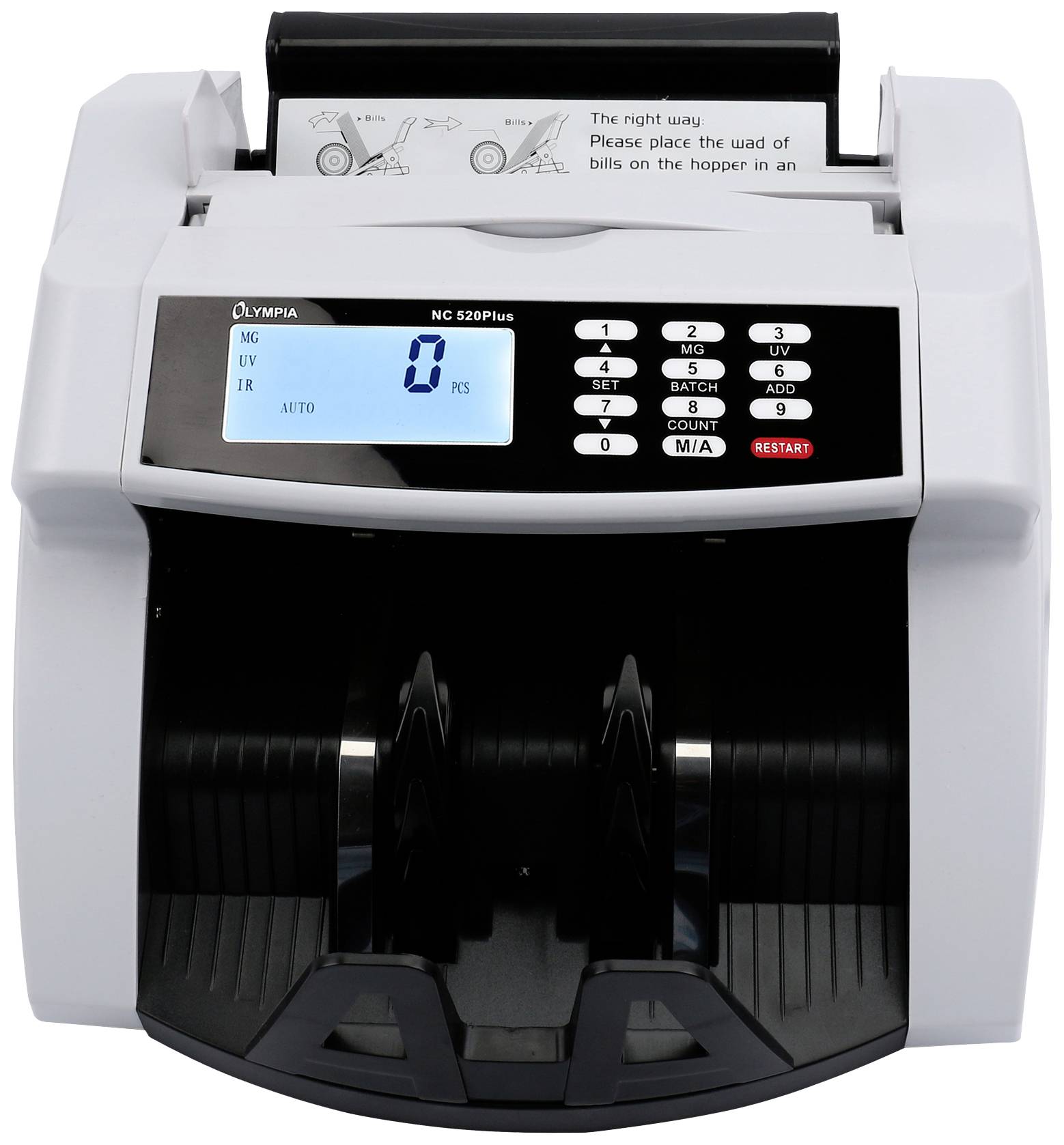 'Automatic banknote counting machine with digital display. Shows "0 PCS" display. Instructions for correct insertion of banknotes at the top.'