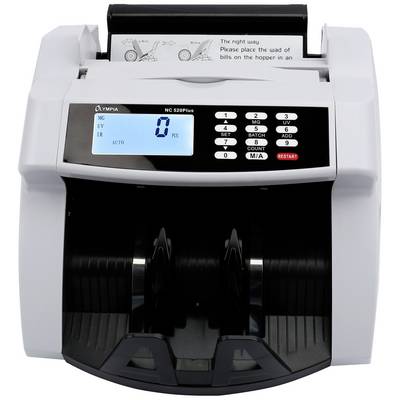 'Automatic banknote counting machine with digital display. Shows "0 PCS" display. Instructions for correct insertion of banknotes at the top.'