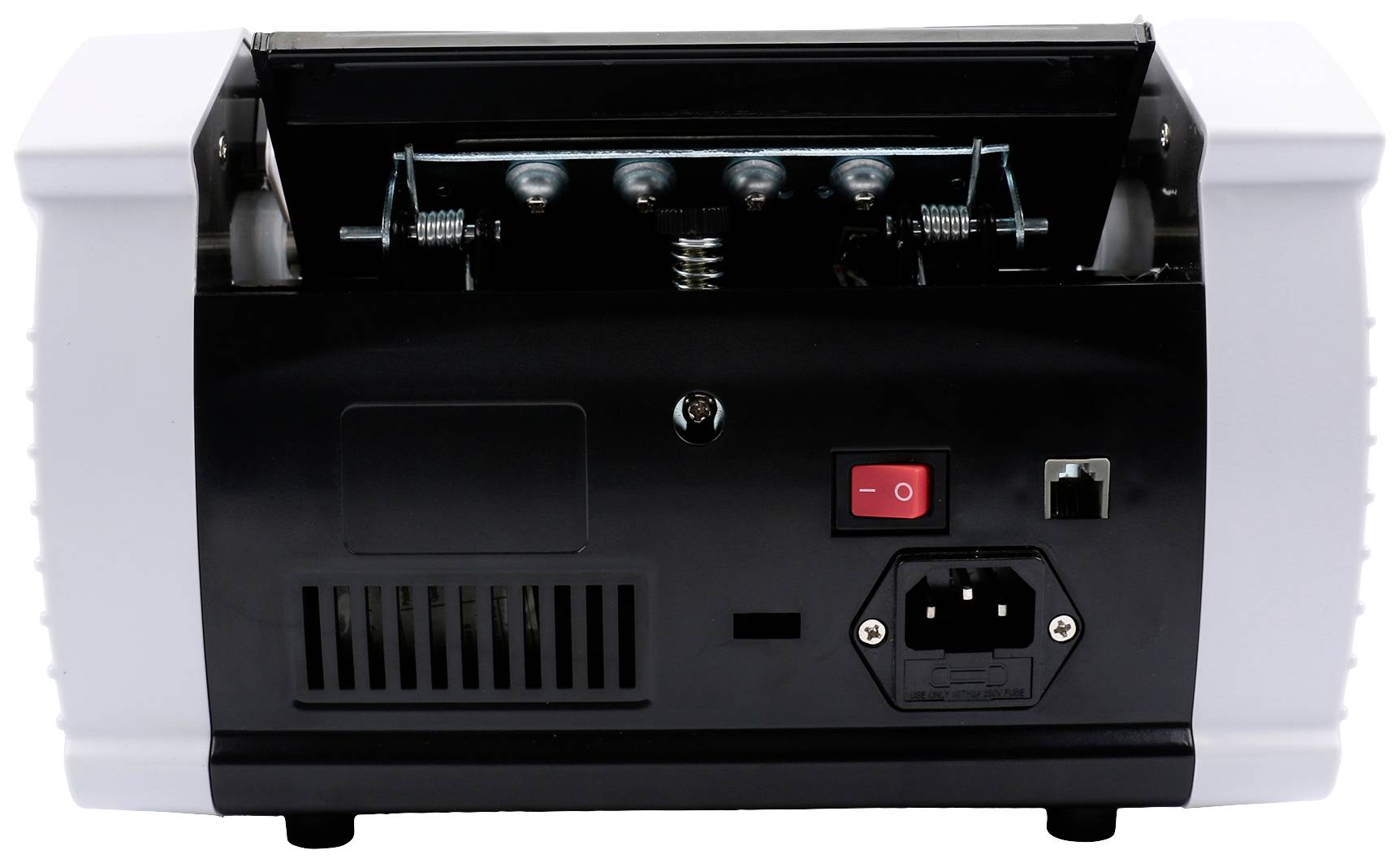 The back of an electronic device with a power switch, a power socket, and an Ethernet port.