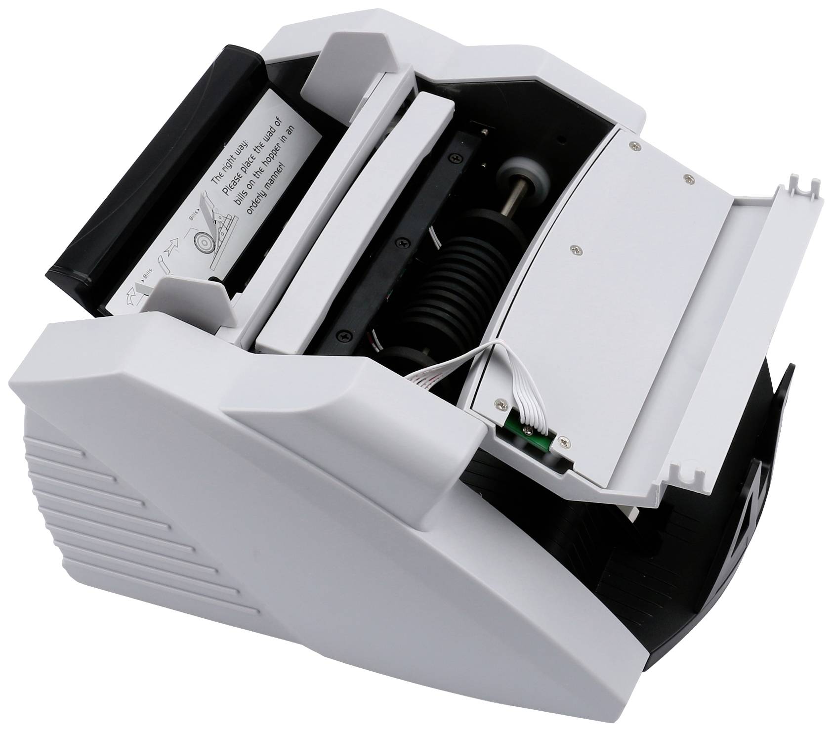 Automatic banknote counting machine with its top lid open, revealing the internal mechanisms and rollers for counting currency notes.