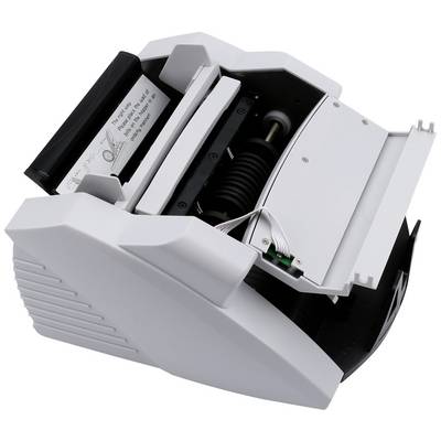 Automatic banknote counting machine with its top lid open, revealing the internal mechanisms and rollers for counting currency notes.