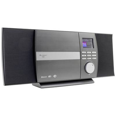 A modern audio system with FM/AM radio and Bluetooth functionality. Display shows the currently playing rock station.