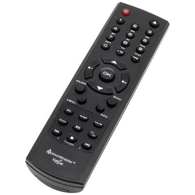 A black remote control with numerous buttons, including a red power button in the top left corner. The 'soundmaster' brand is displayed on the left side.