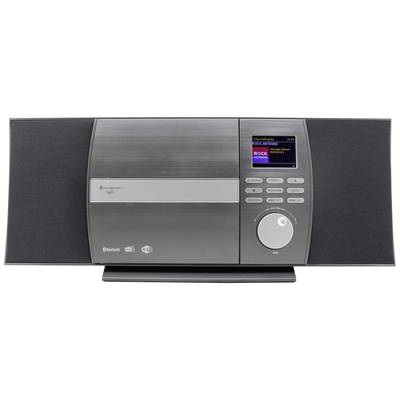 A compact, modern radio and CD player in silver-black with a display and controls on the front panel.