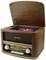 A vintage wooden radio with an open lid revealing a CD player, with prominent rotary knobs and a clearly visible display.
