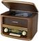 Open retro radio with CD player. The display reads 'Classical Music'. Wooden casing with retro design, golden buttons.