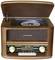 A retro radio with an open compartment displays a CD. The display shows 'BR-KLASSIK' and 'Classical Music'. Wooden finish with golden knobs.