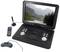 Portable DVD player with screen displaying a mountain landscape. Includes remote control, antenna, and controller for operation.