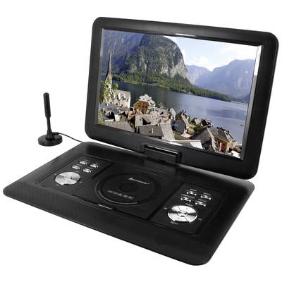 A portable DVD player with an open display shows a mountain and lake panorama. A small antenna is plugged in beside it.