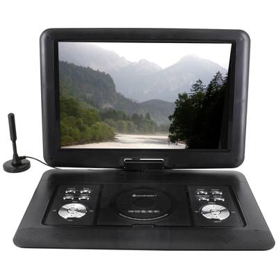 A portable DVD player with an unfolded screen displays a mountain landscape with a river. Buttons and controls are visible.