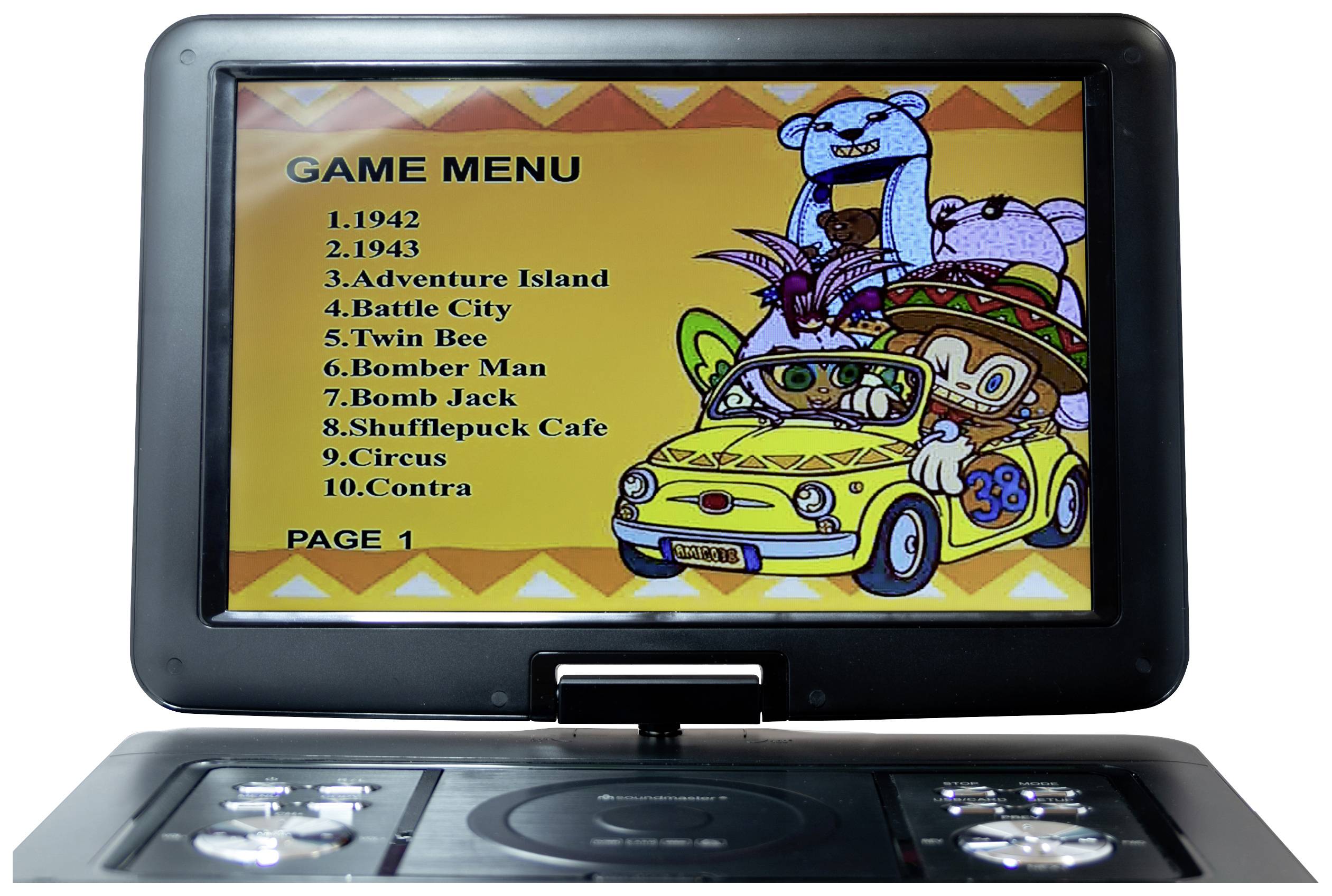 Portable DVD player with a display showing a game menu. List of 10 game names, including '1942', 'Circus' and 'Contra'.