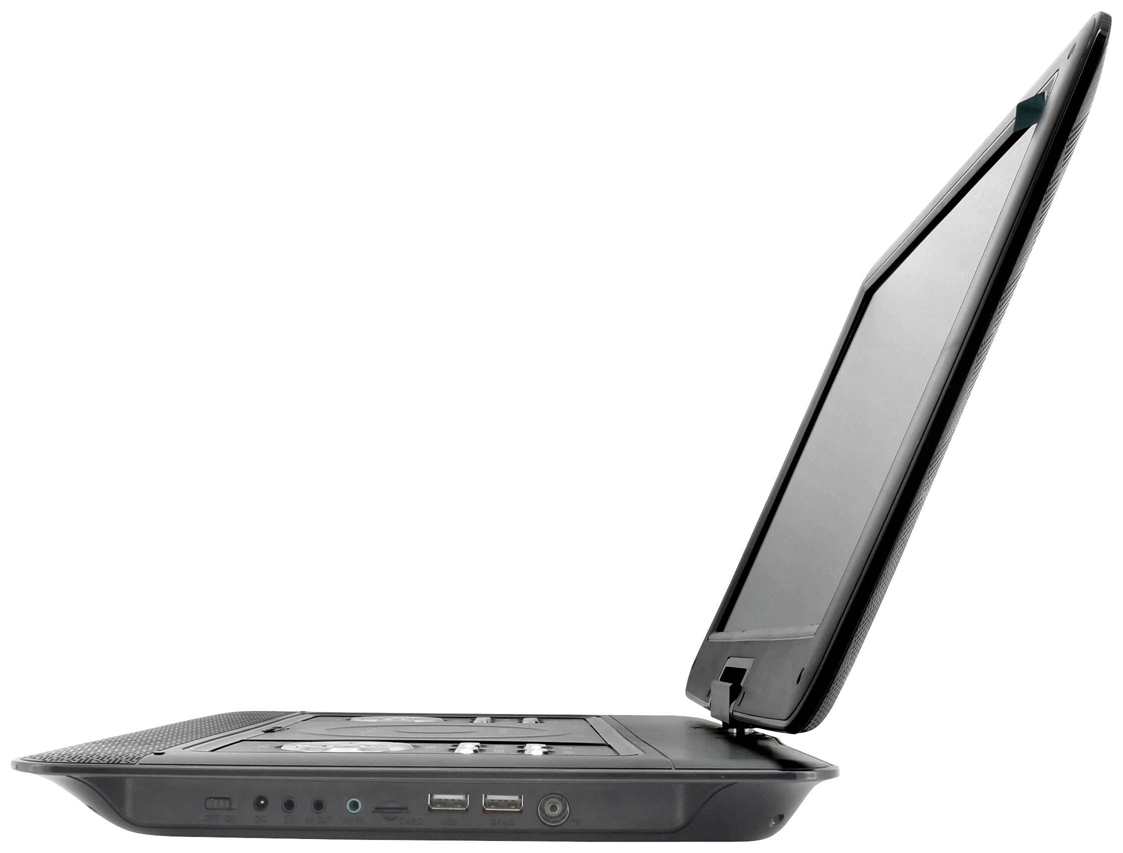 Laptop opened sideways, black casing, three USB ports visible.